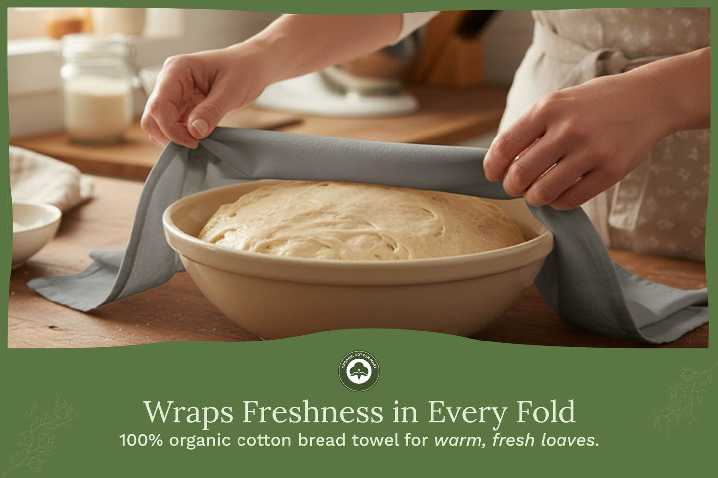 Gray flour sack kitchen towel laid over a mixing bowl