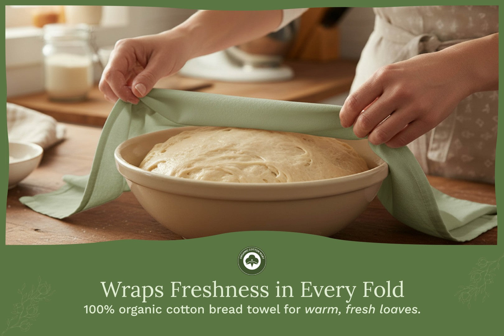Sage green flour sack kitchen towel draped over a bowl