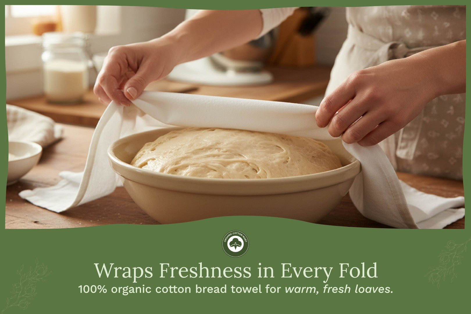 Kitchen flour sack towels wrapping dough in a bowl