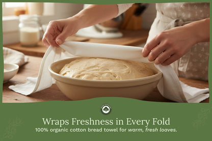 Kitchen flour sack towels wrapping dough in a bowl