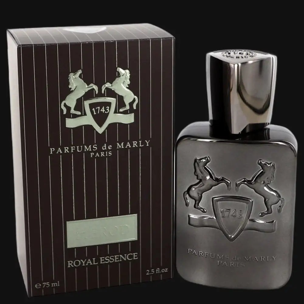 Men's Herod cologne set: dark bottle with silver cap, striped Royal Essence box
