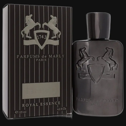 Men's cologne bottle with dark finish, silver cap, next to Royal Essence striped box