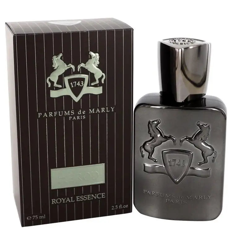 Men's cologne set: dark rectangular box and silver-capped bottle with crest emblem
