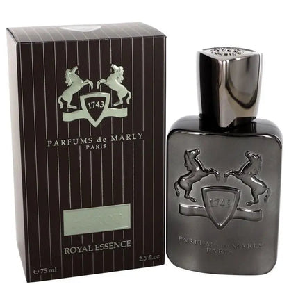 Men's cologne set: dark rectangular box and silver-capped bottle with crest emblem
