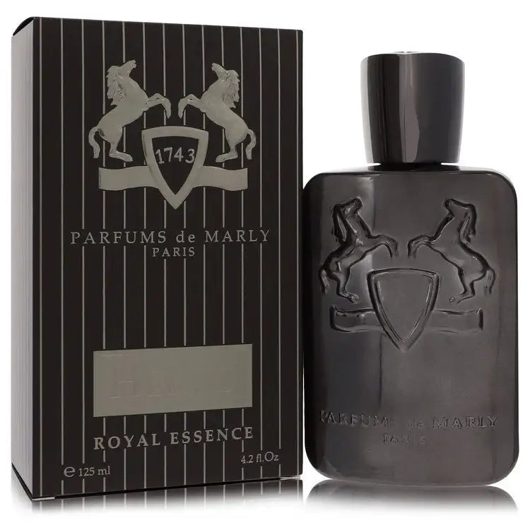 Men's cologne bottle with silver cap and shield crest, shown beside striped dark box