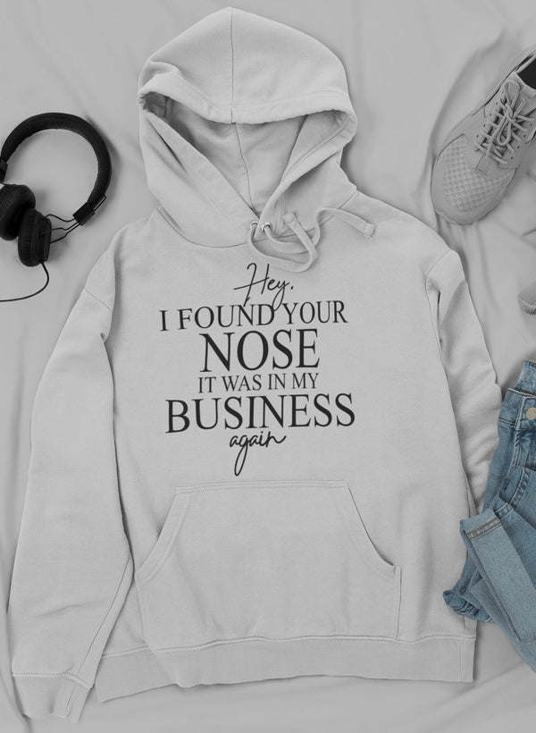 Light gray graphic hoodie with front text, hood, drawstring, and kangaroo pocket