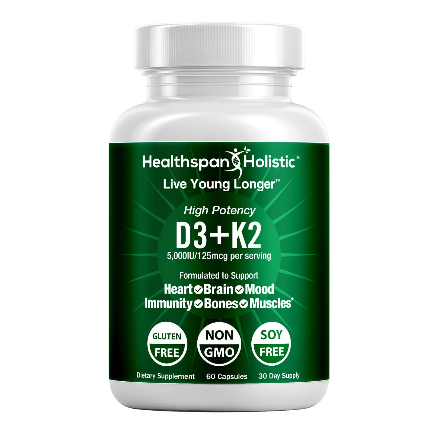 High Potency Vitamin D3 + K2 Supplement 60 Capsules - Renee Lane Company