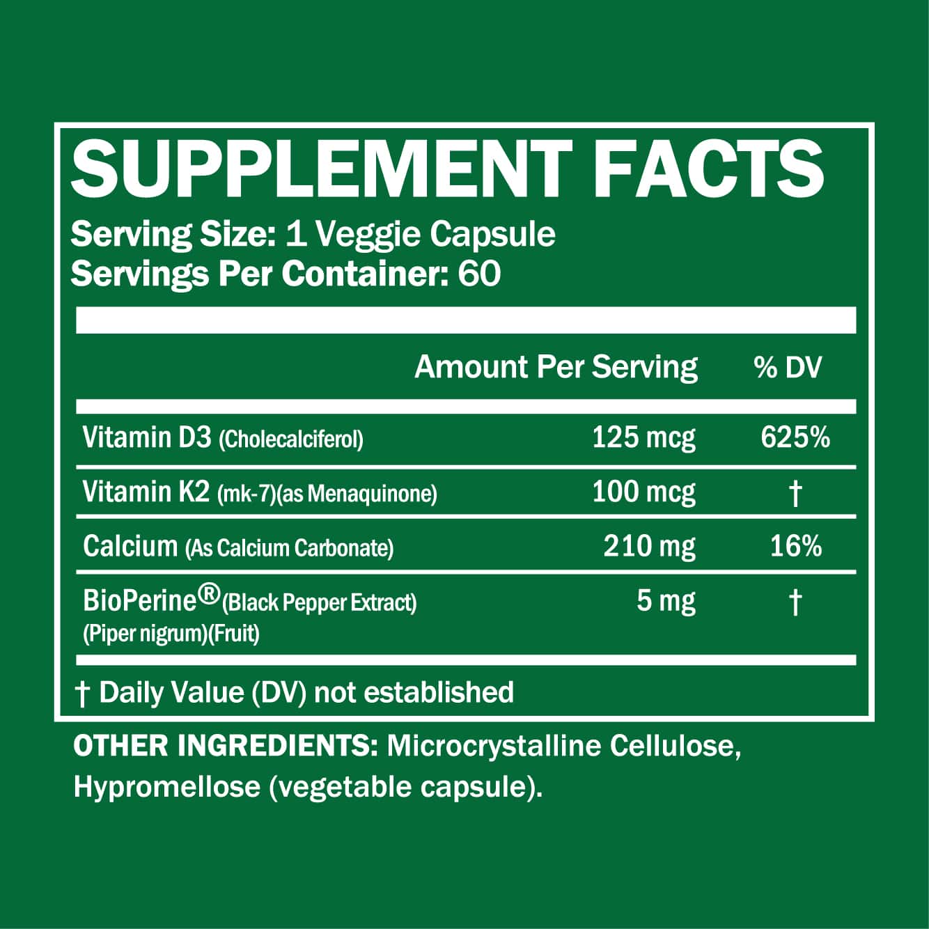 High Potency Vitamin D3 + K2 Supplement 60 Capsules - Renee Lane Company