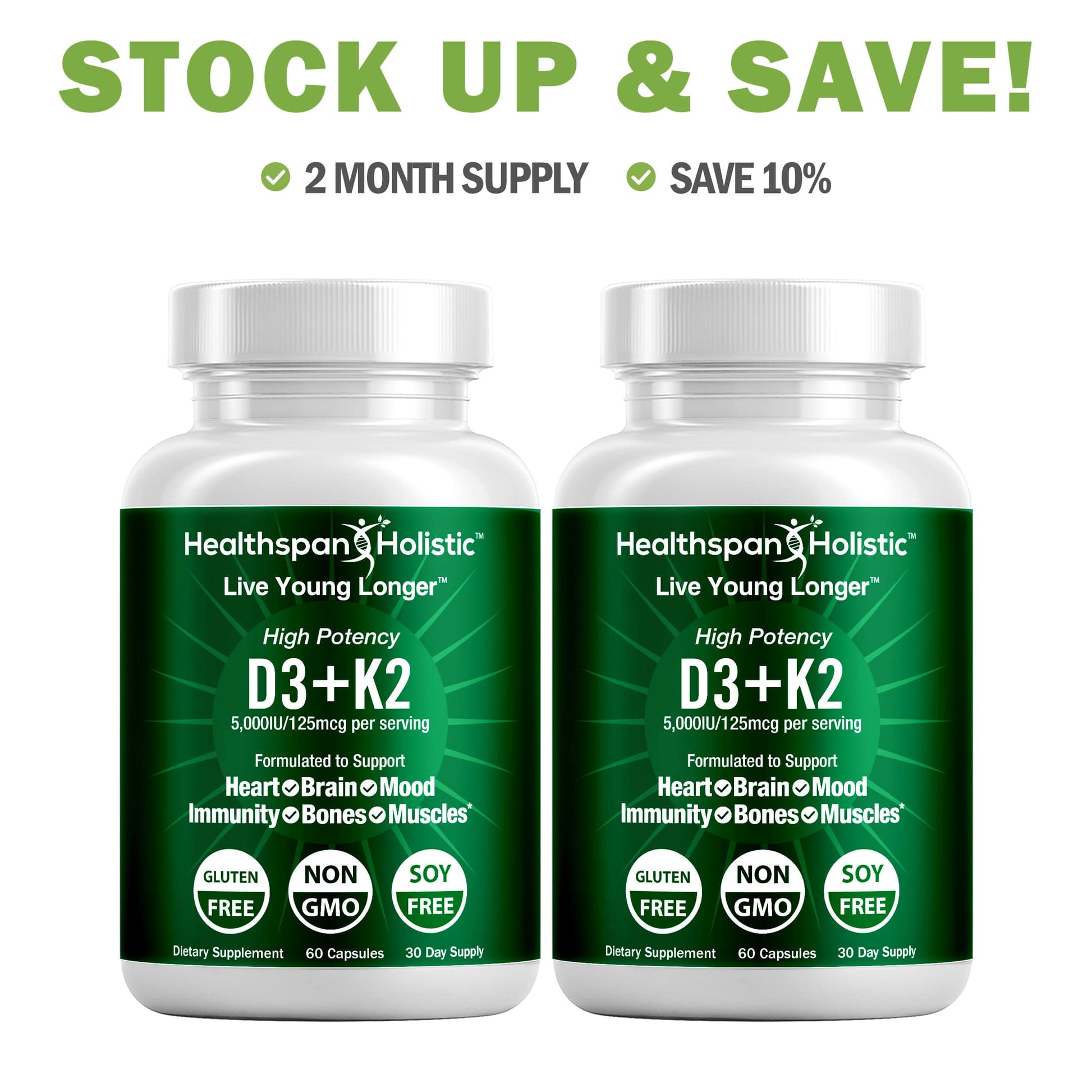 High Potency Vitamin D3 + K2 Supplement 60 Capsules - Renee Lane Company