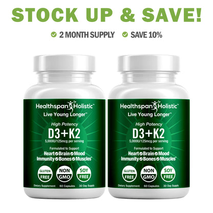 High Potency Vitamin D3 + K2 Supplement 60 Capsules - Renee Lane Company