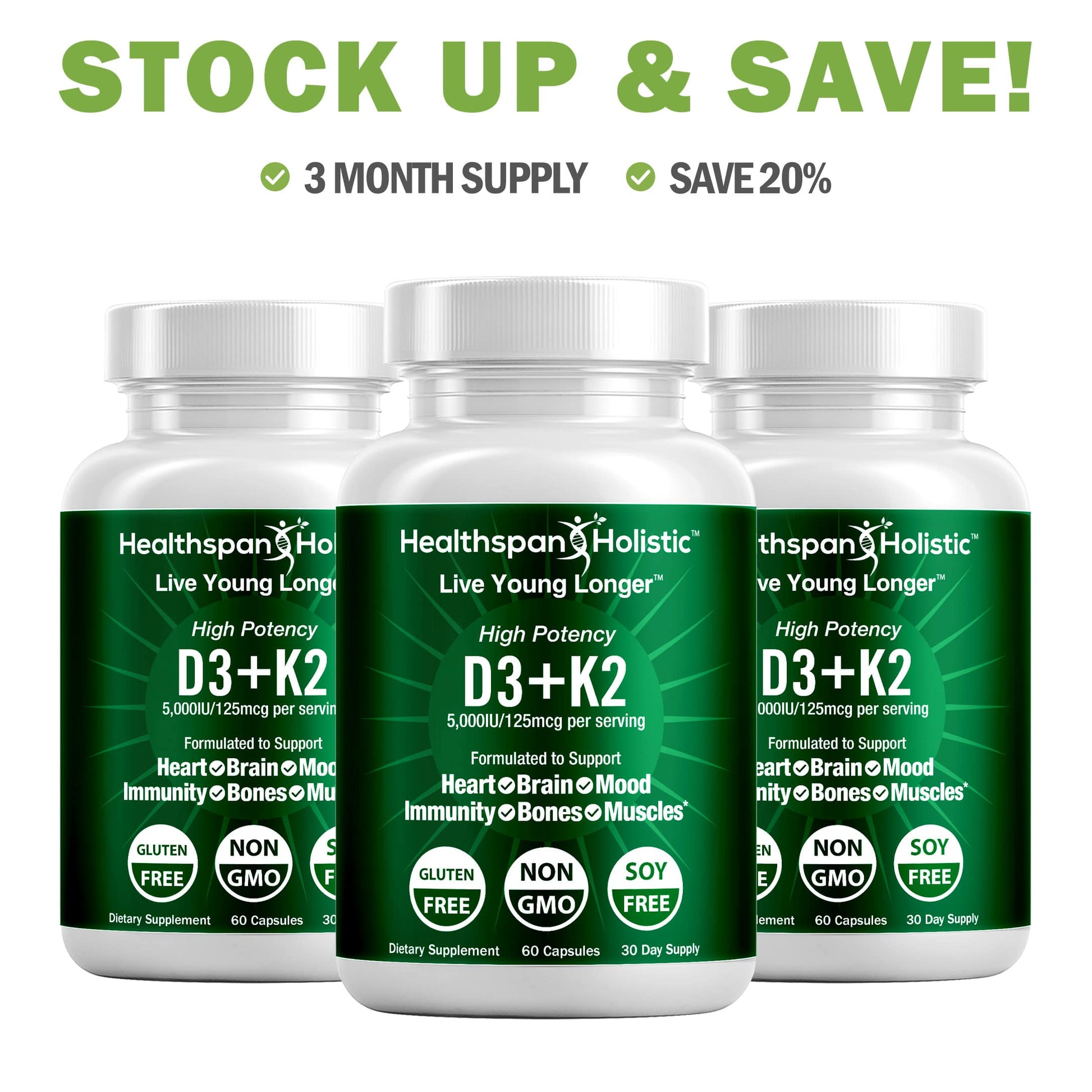 High Potency Vitamin D3 + K2 Supplement 60 Capsules - Renee Lane Company