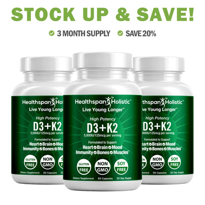 High Potency Vitamin D3 + K2 Supplement 60 Capsules - Renee Lane Company