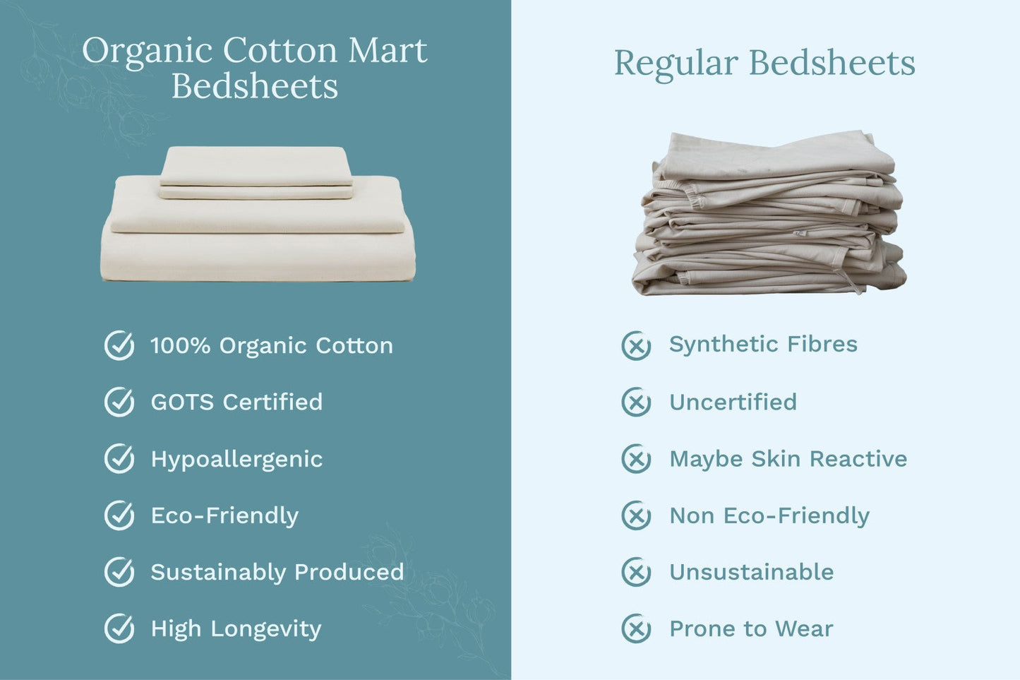 Organic sateen bed sheets set, folded sheet stack in light cream