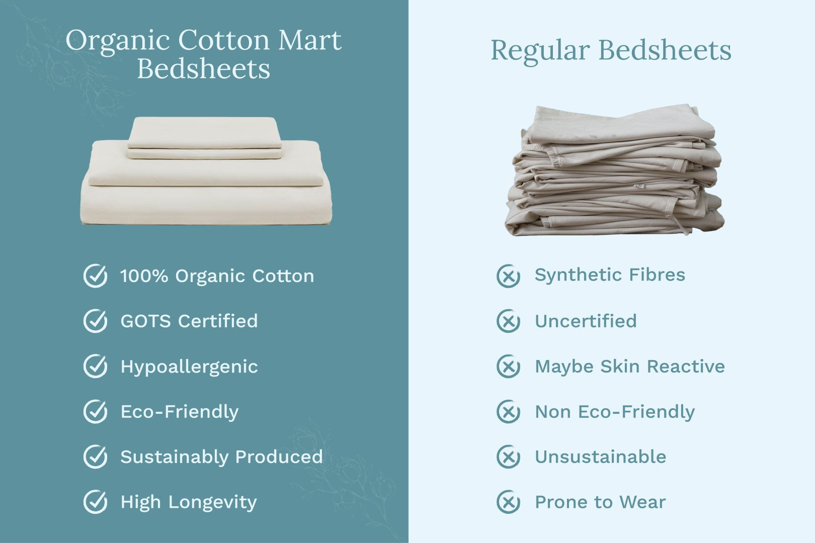 Organic sateen bed sheets set, folded sheet stack in light cream