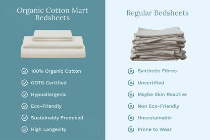 Organic sateen bed sheets set, folded sheet stack in light cream
