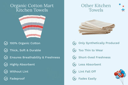Red and blue striped kitchen towels, folded stack