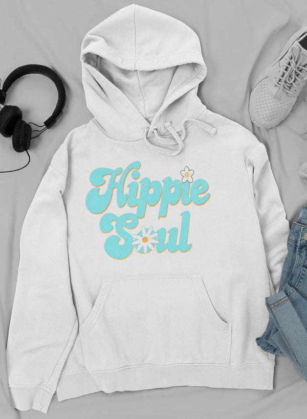 White hoodie with drawstring hood and "Hippie Soul" graphic across the chest