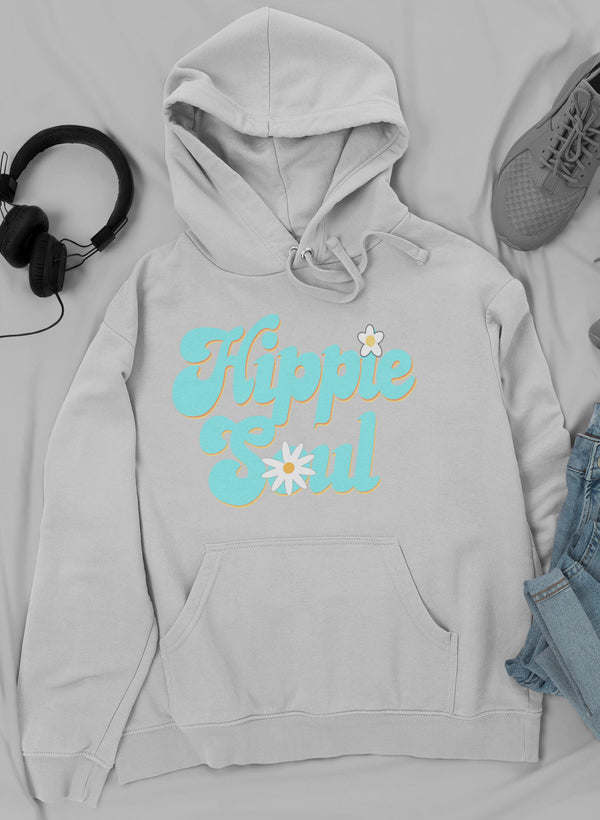 White hoodie with drawstring hood and "Hippie Soul" graphic center front