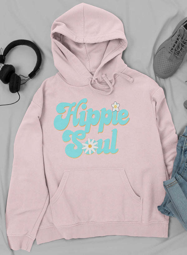 Hippie Soul hoodie in pink with front graphic, hood and drawstring