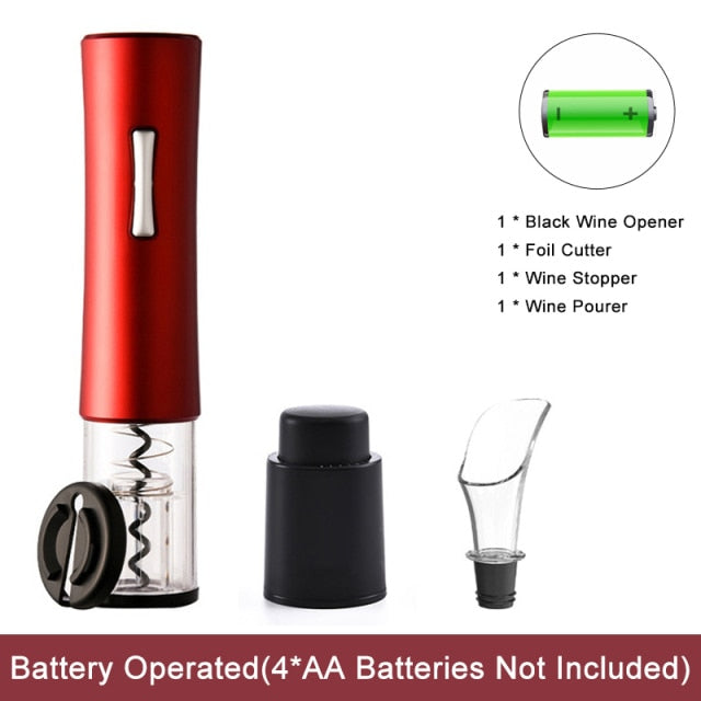 Automatic wine bottle opener, red with wine stopper and pourer attachment
