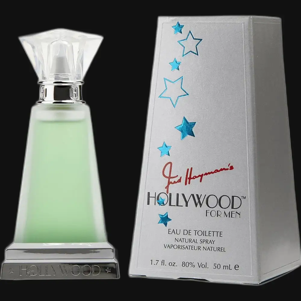 Hollywood by Fred Hayman men’s eau de toilette bottle with light green liquid, with box