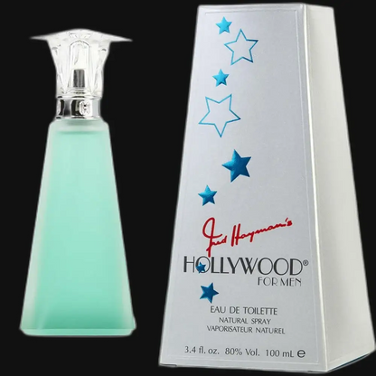 Hollywood by Fred Hayman men’s eau de toilette tall bottle with aqua-green liquid and box