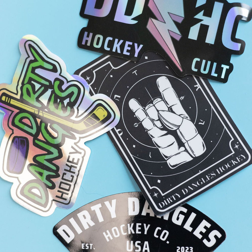 Hockey sticker pack with neon graffiti-style graphics and black wordmark