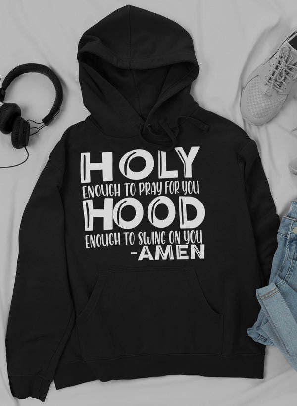 Black pullover hoodie with HOLY graphic and drawstring hood