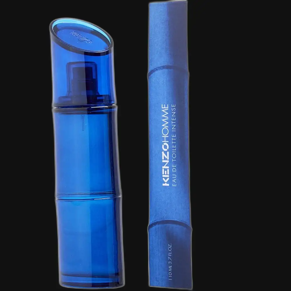 Blue glass cologne bottle with spray cap and matching cylindrical box, Kenzo Homme Intense