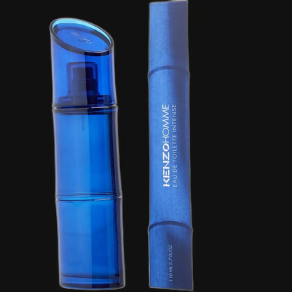 Blue glass cologne bottle with spray cap and matching cylindrical box, Kenzo Homme Intense