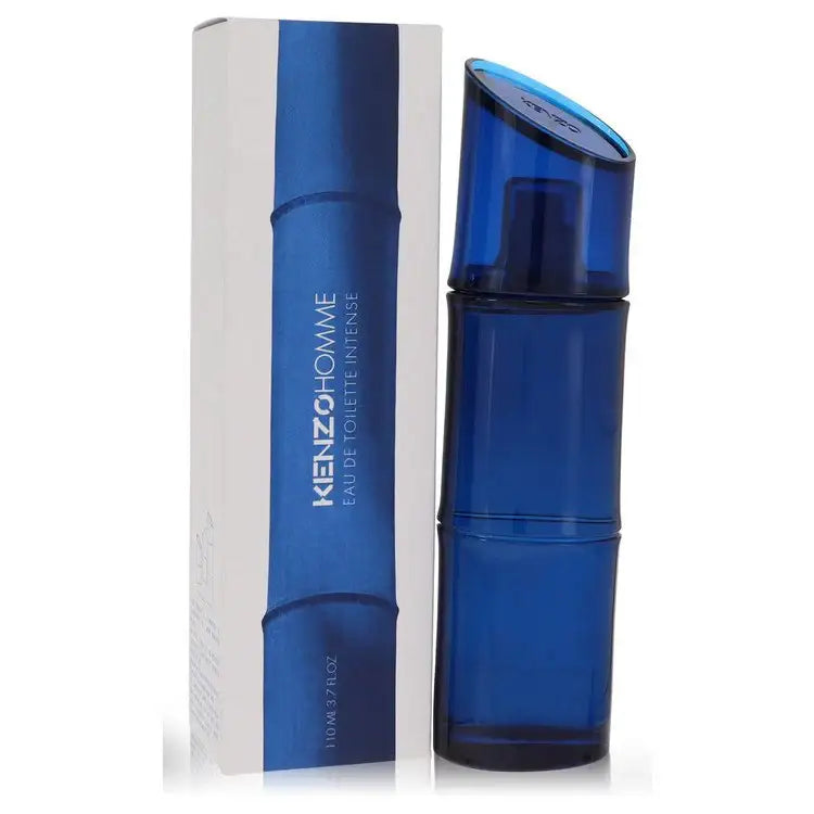 Blue cologne bottle with spray cap beside white and blue Kenzo Homme Intense box