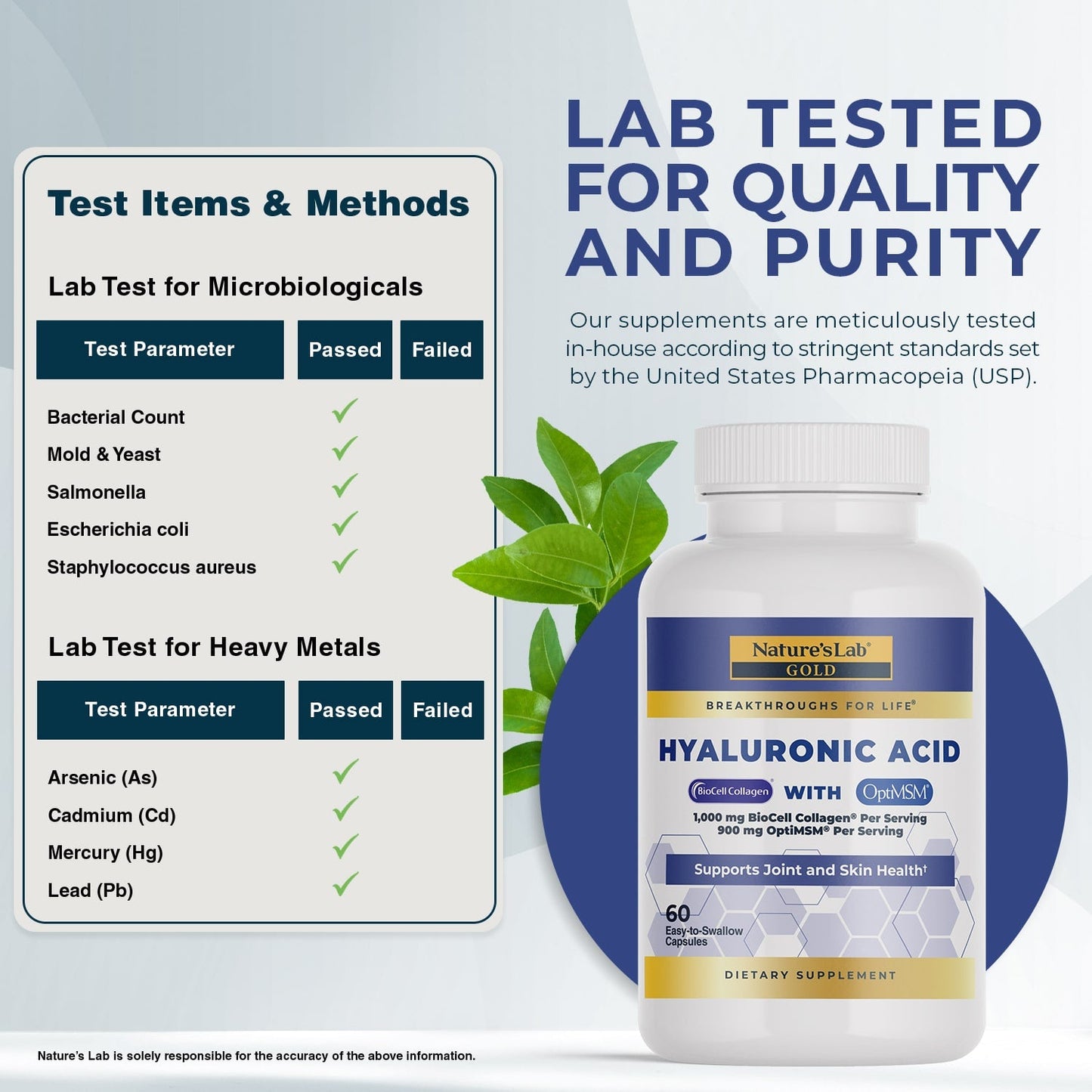 Lab-tested quality and purity panel next to Hyaluronic acid supplement bottle
