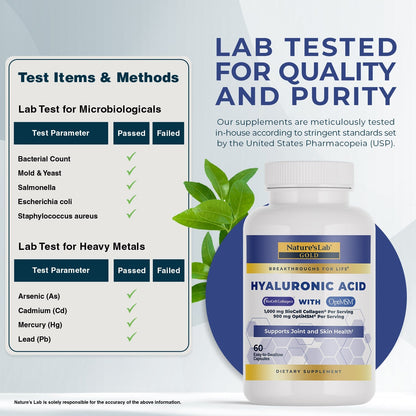 Lab-tested quality and purity panel next to Hyaluronic acid supplement bottle