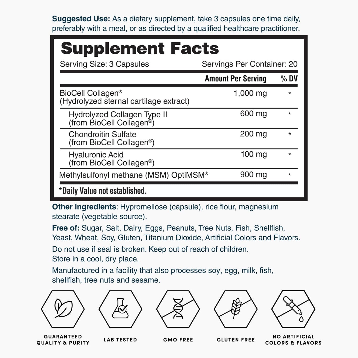 Supplement Facts label for hyaluronic acid supplement, serving size 3 capsules