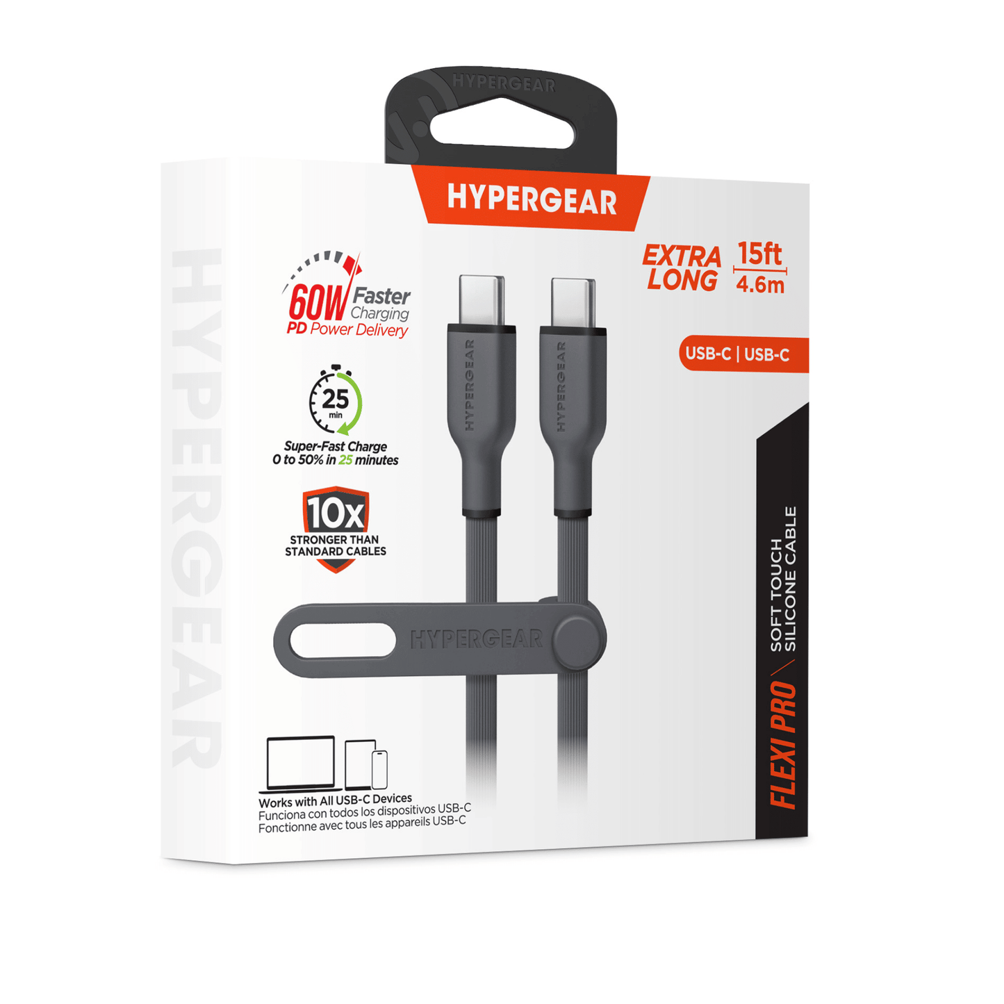 HyperGear Flexi PRO USB-C to USB-C Cable 10ft Black - Renee Lane Company