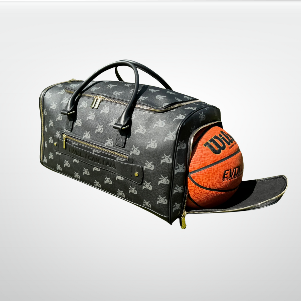 Black leather monogram duffel bag with front pocket, holds a basketball