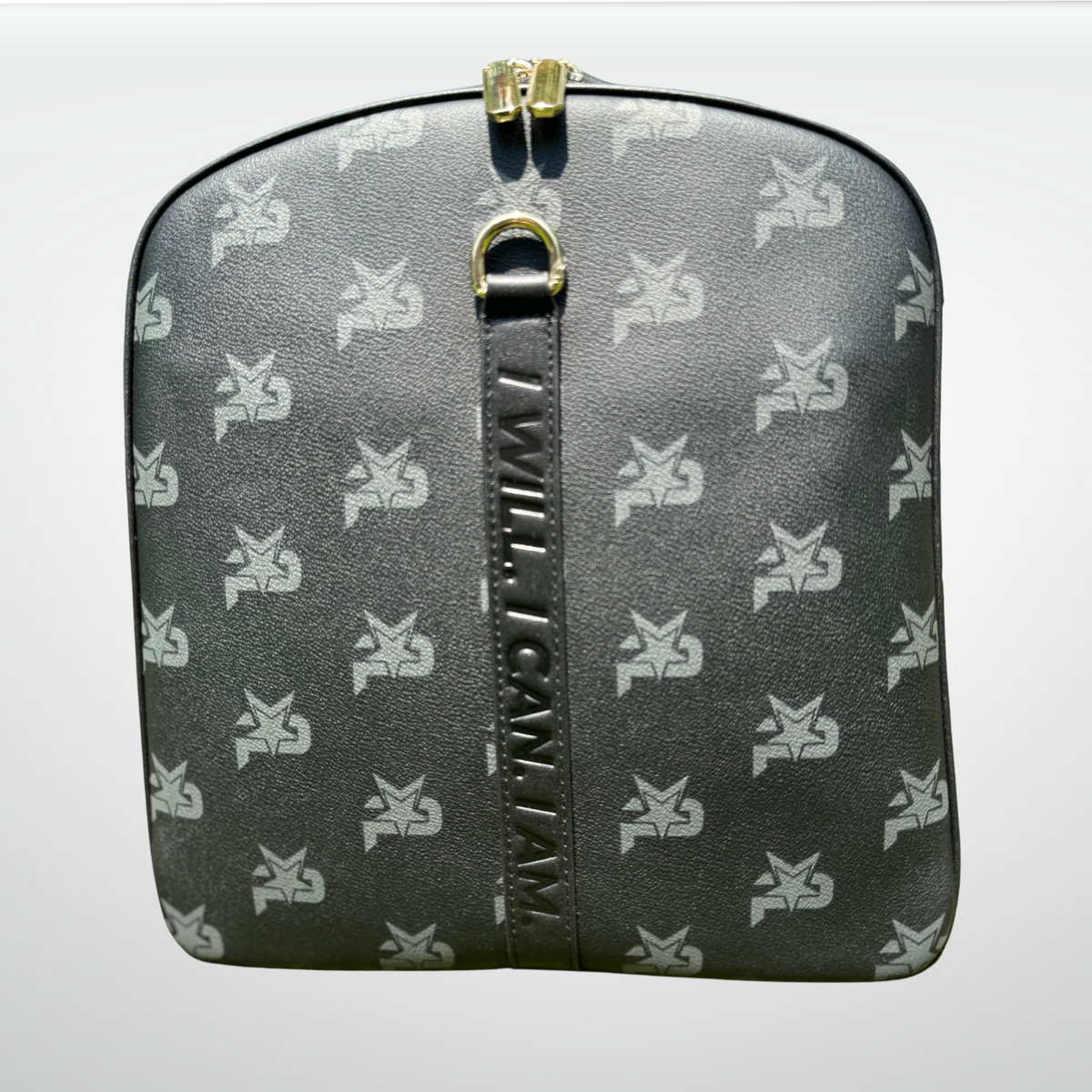 Black leather duffel bag top loop handle with monogram pattern front panel