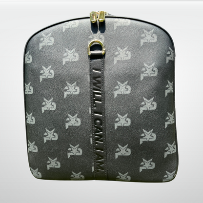 Black leather duffel bag top loop handle with monogram pattern front panel
