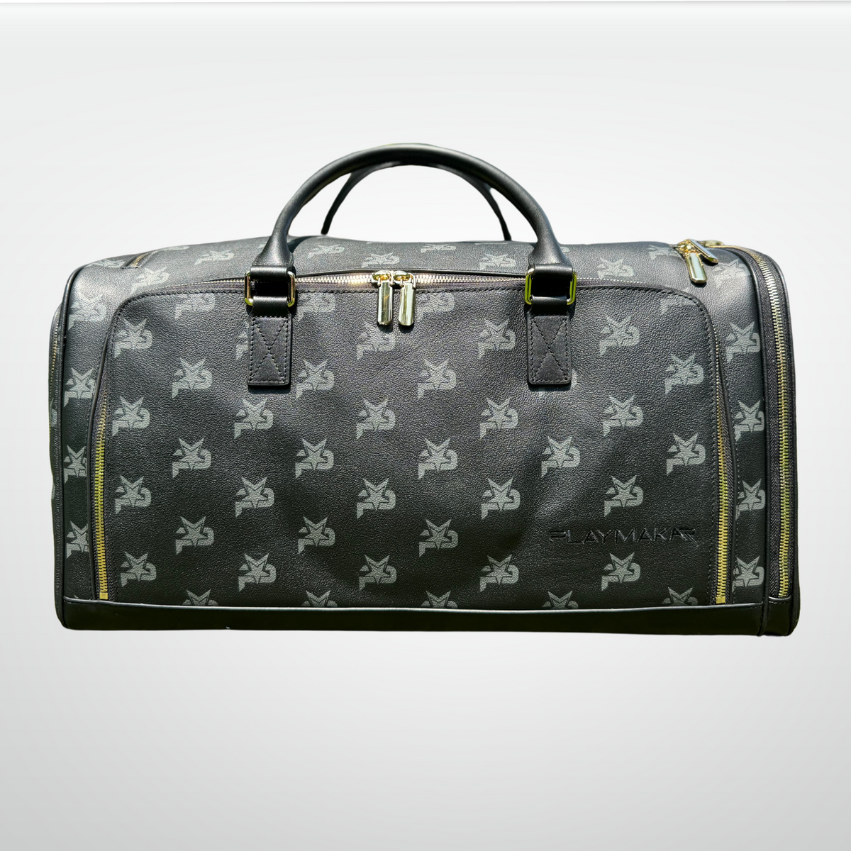 Black leather monogram duffel bag with two front straps and gold hardware