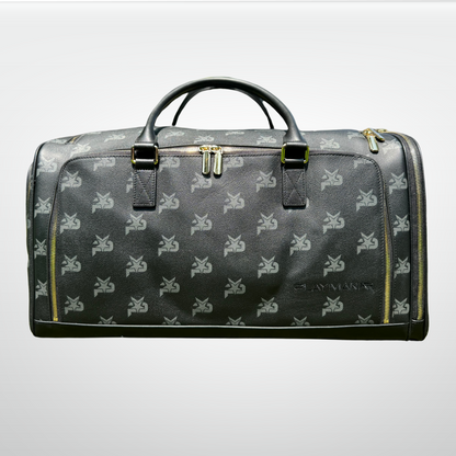Black leather monogram duffel bag with two front straps and gold hardware