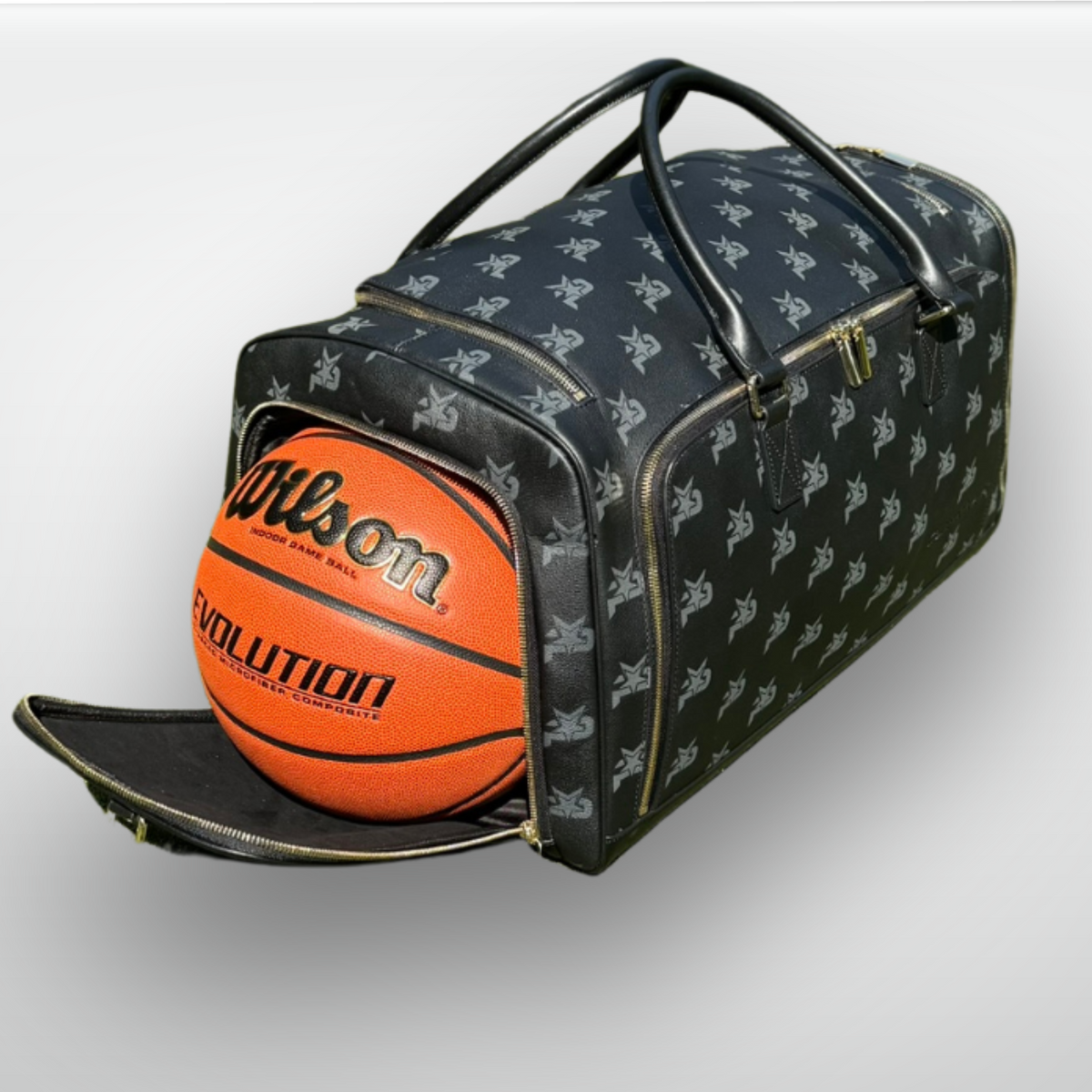 Black leather monogram duffel bag with basketball in front pocket and side zipper