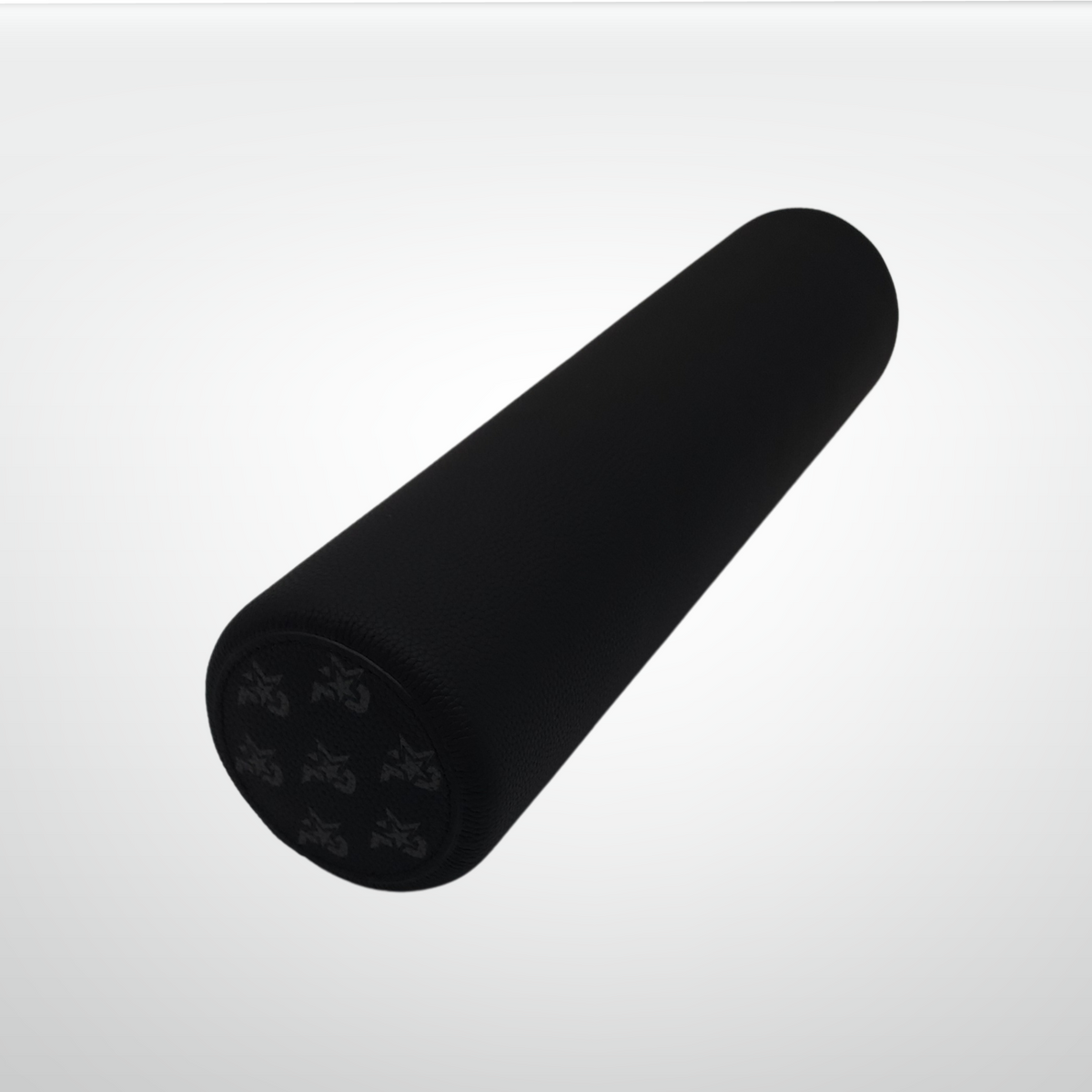 Leather-wrapped cork massage roller, black textured cylinder