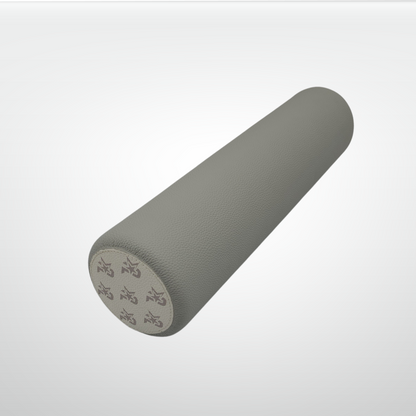 Leather-wrapped cork massage roller, light gray textured cylinder