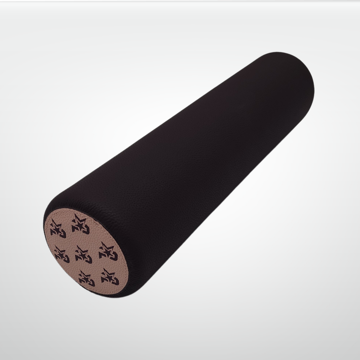 Leather-wrapped cork massage roller, dark brown textured cylinder