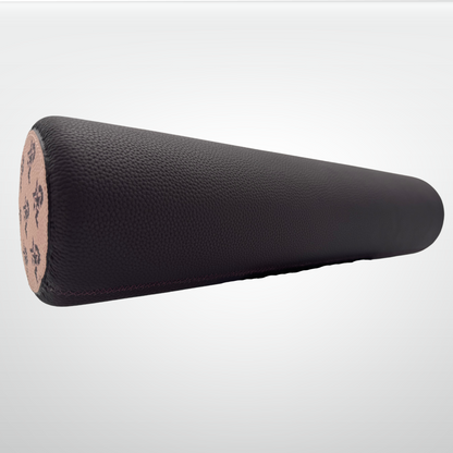 Leather-wrapped cork massage roller, dark brown textured cylinder with end stamp