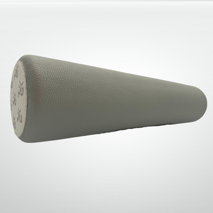 Leather-wrapped cork massage roller, pale gray textured cylinder