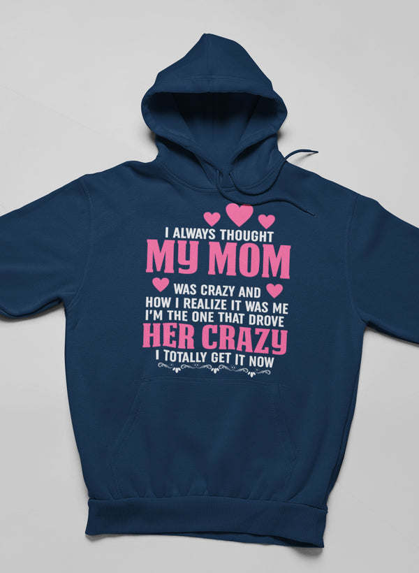 Navy pullover hoodie with front “My Mom” graphic and pink heart icons