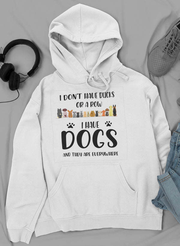 White hoodie with front dog graphic, kangaroo pocket, and drawstring hood