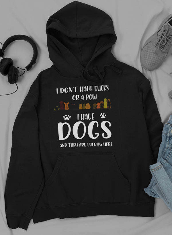 Black hoodie with front dog graphic, kangaroo pocket, and drawstring hood