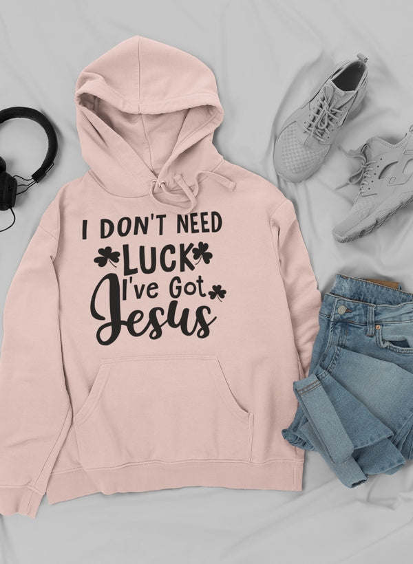 Heather peach hoodie with 'I DON'T NEED LUCK I'VE GOT JESUS' front graphic